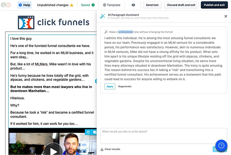 Screenshot of a ClickFunnels dashboard showcasing a blog post editor on the right and a video of a man with text overlay saying, "One of the funniest funnel consultants we have hired.