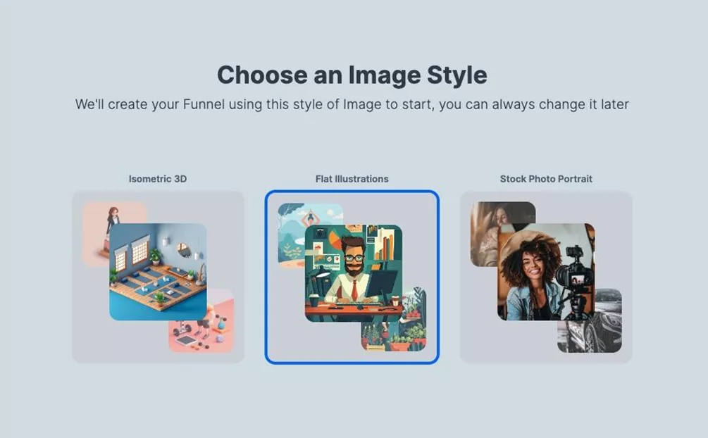 Three image style options are shown: Isometric 3D, Flat Illustrations (highlighted), and Stock Photo Portrait. The text above reads "Choose an Image Style.