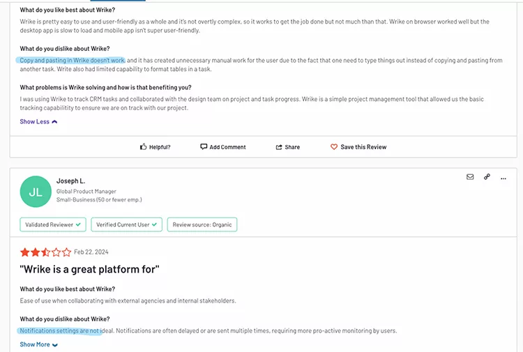 A review of Wrike by a user named Joseph L., dated Feb 22, 2024, highlighting both pros and cons of the platform, including issues with manual work and notifications but praising its user-friendly nature.