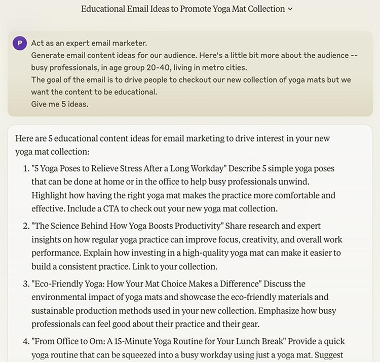 Educational Email Ideas to Promote Yoga Mat Collection. Five ideas listed: 1) 5 Yoga Poses to Relieve Stress After Work. 2) Science Behind How Yoga Boosts Productivity. 3) Eco-Friendly Yoga Mat. 4) How to Choose a Yoga Mat. 5) 5-Minute Yoga Office Routine.