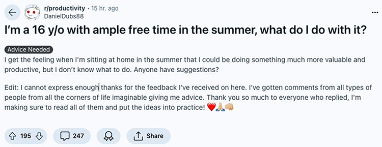 Reddit post by user DanielDubs88 in the r/productivity subreddit seeking advice on how to productively use ample free time in the summer, accompanied by an expression of gratitude for recent feedback received.