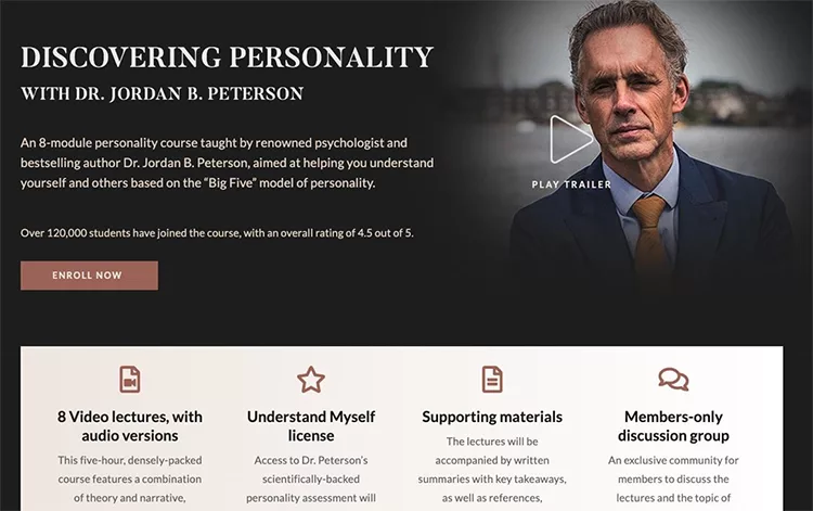 Screenshot of a course webpage titled "Discovering Personality with Dr. Jordan B. Peterson." Includes course details, an enroll button, and supporting materials. Features image of Dr. Jordan B. Peterson.