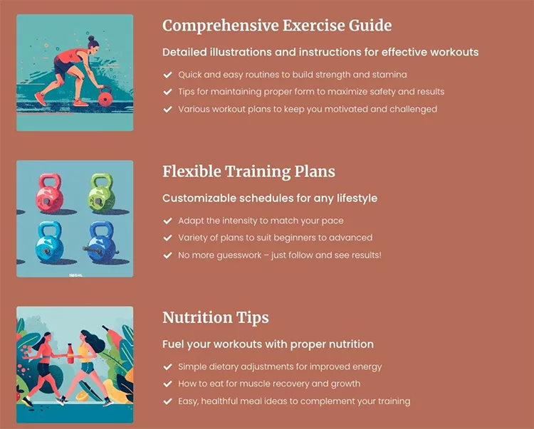 An exercise guide with detailed illustrations, flexible training plans for any lifestyle, and nutrition tips for effective workouts and muscle recovery.