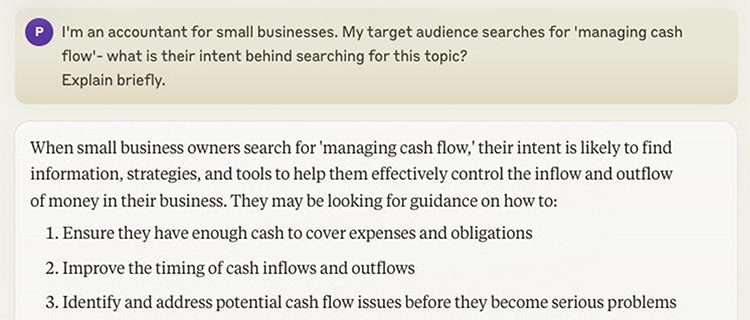 Screenshot of a webpage with a query about small business cash flow management and a detailed response explaining the purpose of such searches and potential areas of interest.