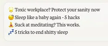A list of four wellness tips with corresponding emojis, addressing issues such as toxic workplaces, improving sleep, meditating, and sleep hacks.