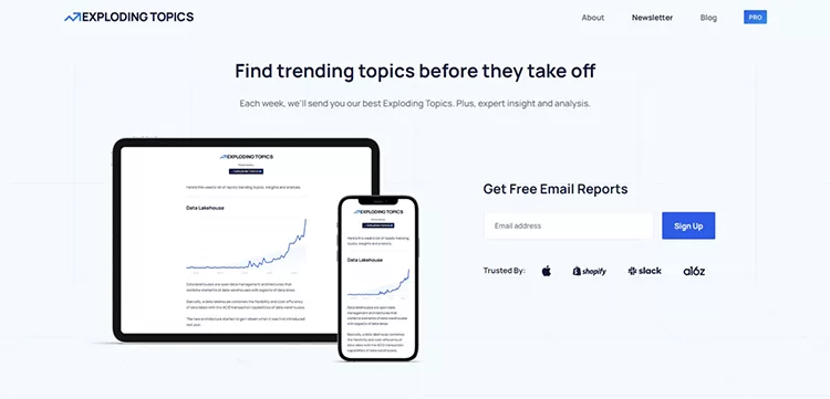 Website interface for Exploding Topics, displaying a tablet, smartphone, and laptop screen showcasing trending topics graphs. Includes options to sign up for free email reports and logos of trusted companies.