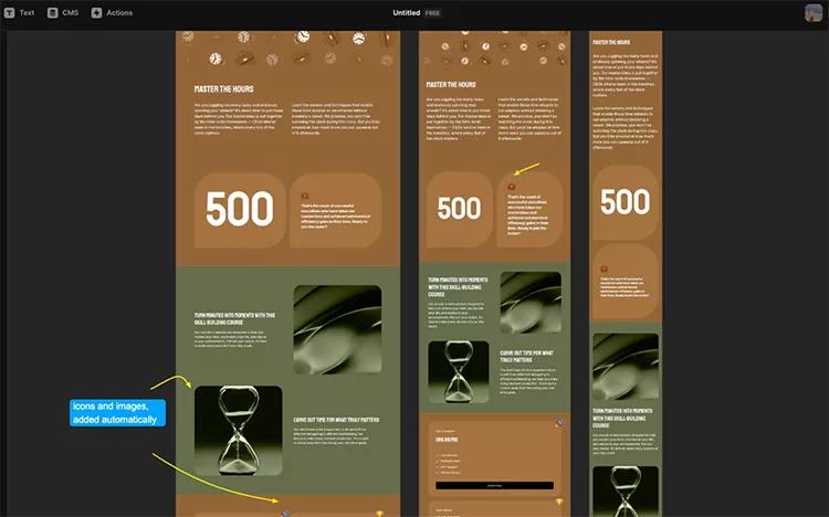 A webpage in design mode featuring a layout with three columns, each containing text, icons, and images. An hourglass image and the number 500 are prominently displayed in multiple sections.