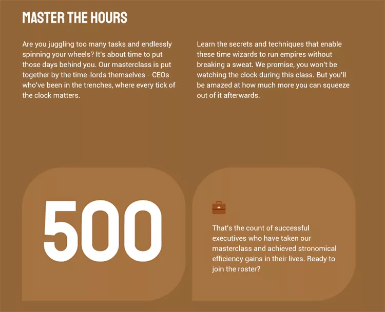 Brown background with text discussing mastering time management; includes a large number '500' and a briefcase icon. Mentions CEOs sharing time-saving secrets and highlights successful executives.