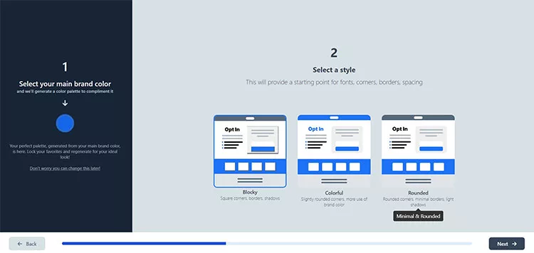 A webpage interface showing a step-by-step customization process. Step 1: Select main brand color. Step 2: Select a style, with options for Blocky, Colorful, and Minimal & Rounded. A "Next" button is visible.