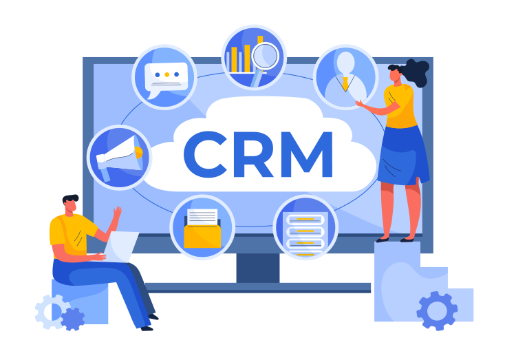 Illustration of two people interacting with icons around a large screen displaying the word "CRM." The icons represent communication, analytics, customer profiles, marketing, documents, and tasks.