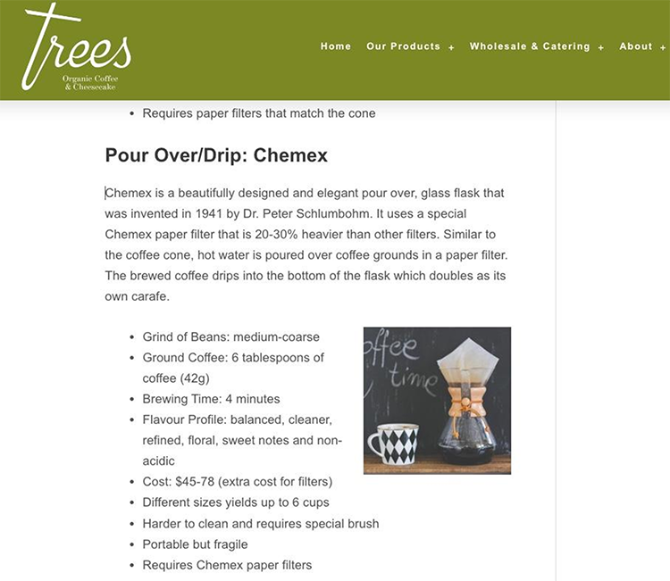 Screenshot of a web page from Trees Organic Coffee & Roasting House, detailing the Chemex pour over/drip coffee method. The text lists the Chemex features, brewing instructions, and cost.