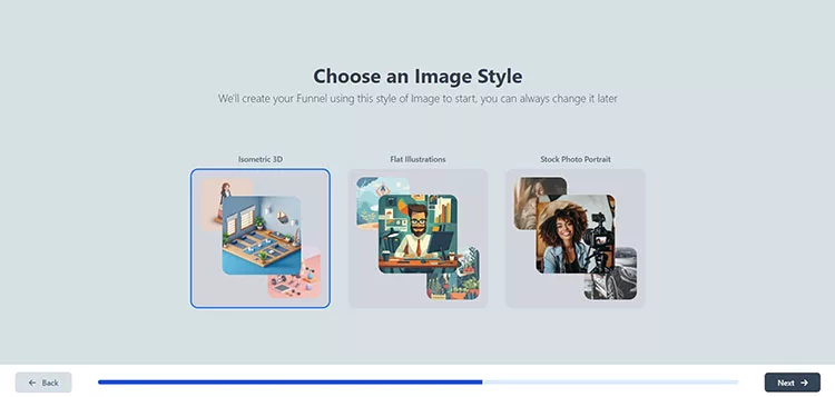 Screen displaying three image style options: Isometric 3D, Flat Illustrations, and Stock Photo Portrait. The Isometric 3D option is currently selected.