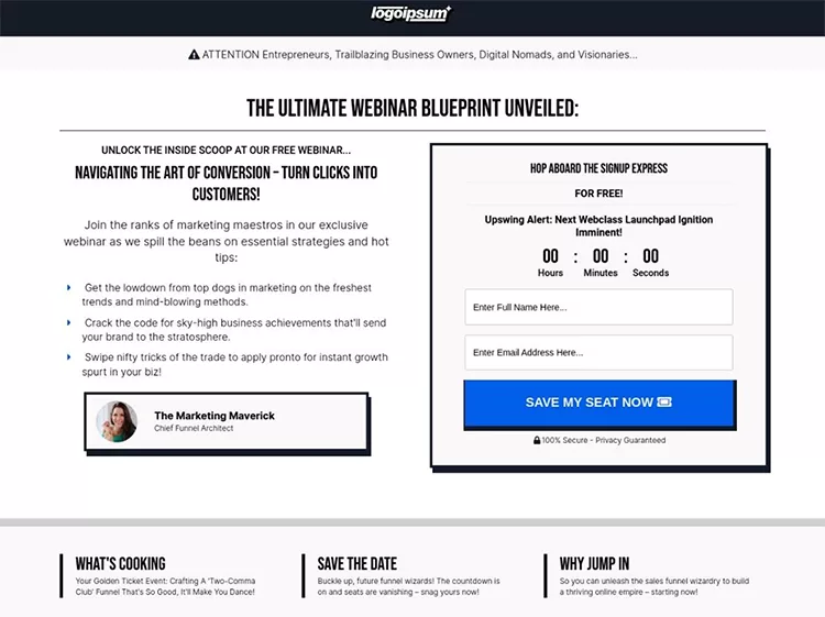 Screenshot of a webinar sign-up page titled "The Ultimate Webinar Blueprint Unveiled," featuring a sign-up form, countdown timer, and sections titled "What's Cooking," "Save the Date," and "Why Jump In.