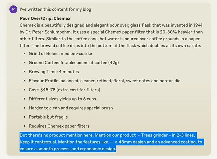 A screenshot of text instructions for writing a blog post about Chemex, providing details about the product, coffee brewing process, and mentioning a Trees grinder in 2-3 lines with specific features.
