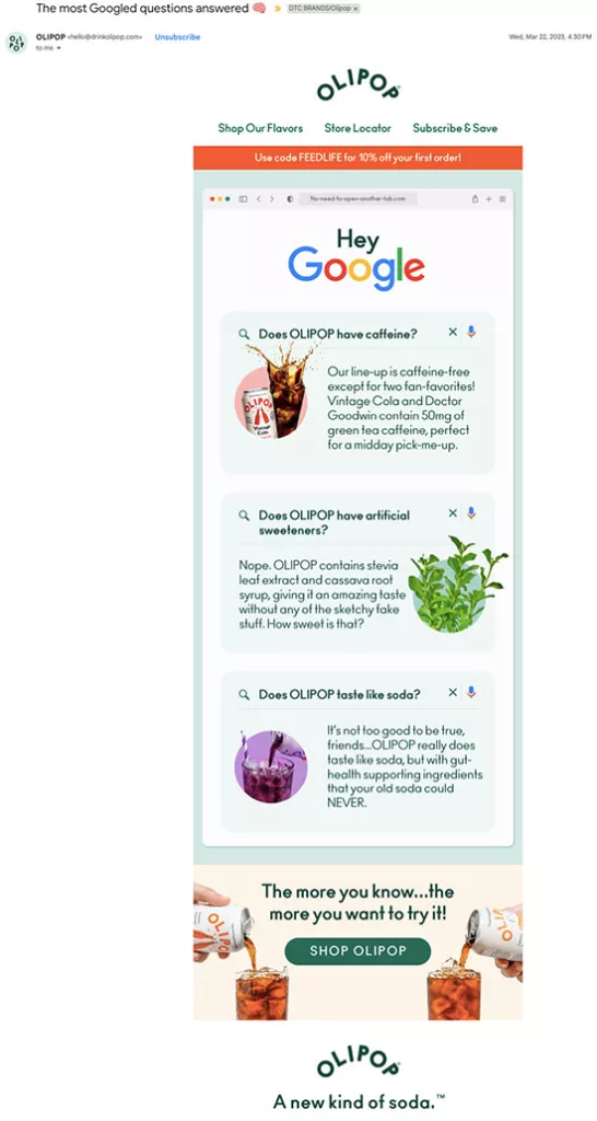 A mobile phone screen displays a webpage from OLIPOP with information about the drink, including FAQs about caffeine-free options, artificial sweeteners, soda taste comparison, and a promotional banner.