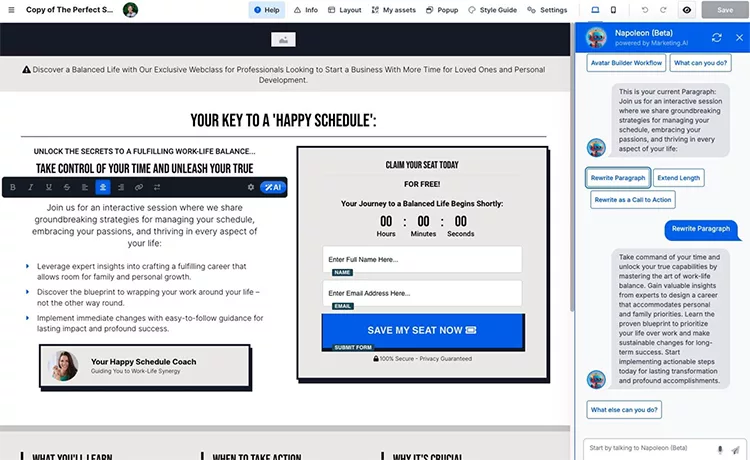 Screenshot of a website registration page showing a form titled "Claim Your Seat Today" with fields for name and email. Navigation bar and side chat window are visible.