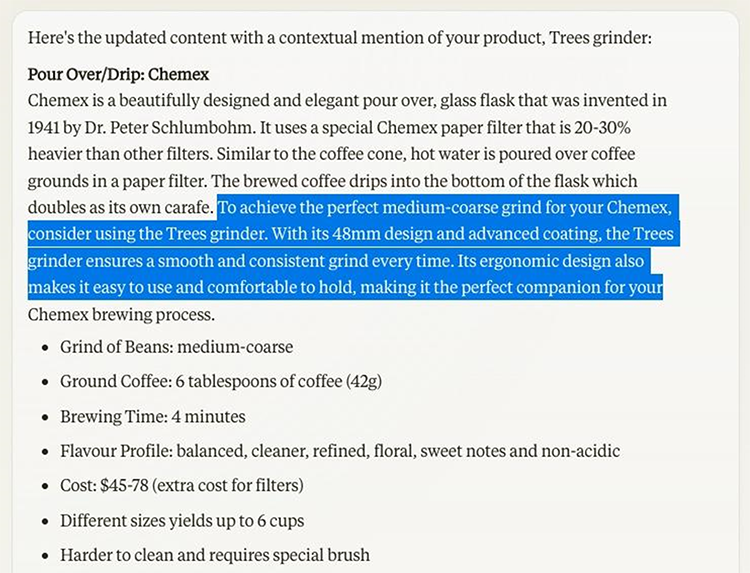 Screenshot of a document describing the Trees grinder product, emphasizing its medium-coarse grind size, ease of use, and compatibility with Chemex coffee makers for a smooth and consistent coffee brew.