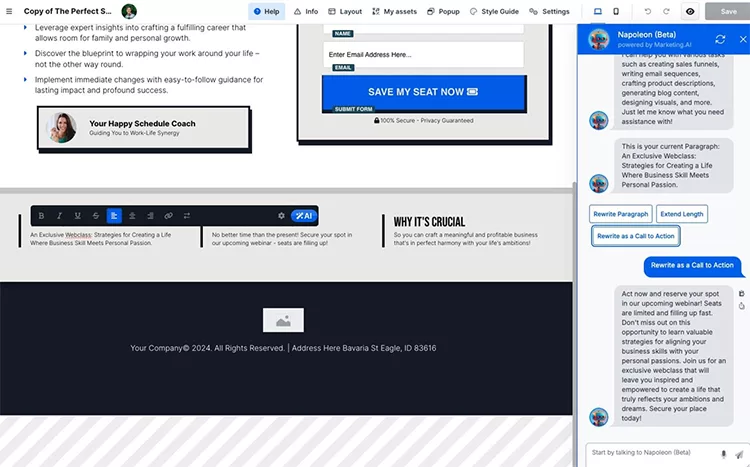 A webpage editor is open displaying a draft of a landing page with text, images, and buttons. On the right, a side panel shows editing options for paragraphs and call-to-action sections.