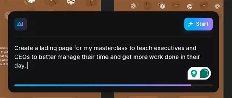 A text input box displays a prompt: "Create a landing page for my masterclass to teach executives and CEOs to better manage their time and get more work done in their day." There are Start and cancel buttons.