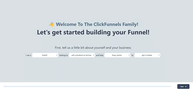 Screenshot of a ClickFunnels welcome page asking users to select their role, goal, target audience, and desired outcome to start building a sales funnel.