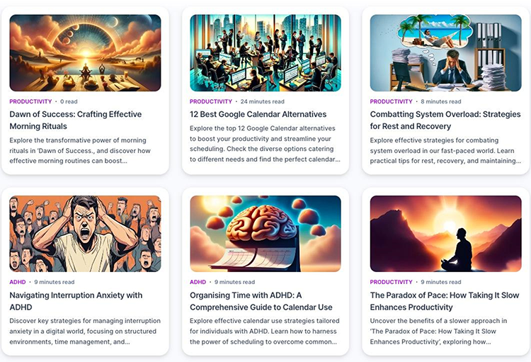 A grid with six colorful illustrated cards, each representing articles on productivity topics such as morning rituals, calendar alternatives, system overload, ADHD navigation, and work-life balance.