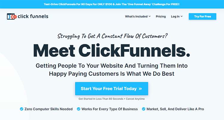 A ClickFunnels promotional webpage offering a 14-day free trial, highlighting ease of use, versatility for businesses, and effective customer conversion. The top banner mentions a special offer and challenge.