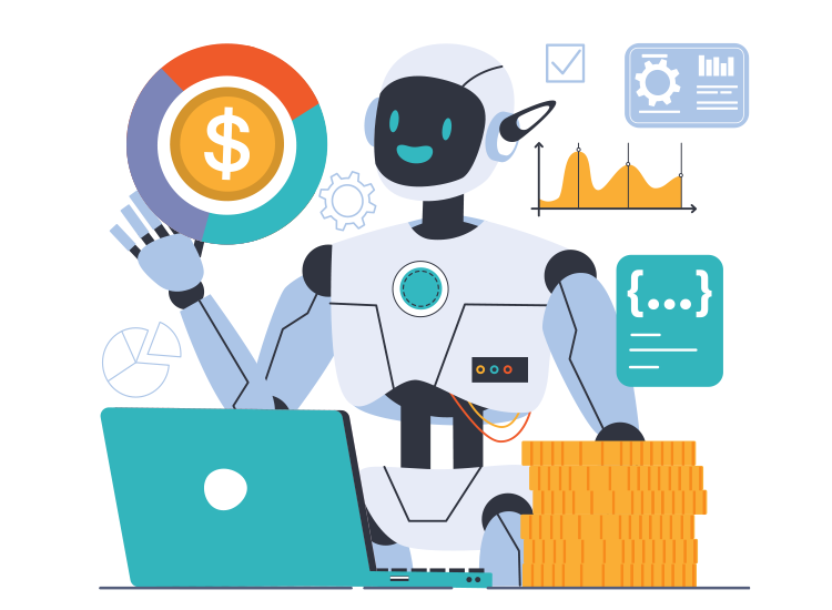 Illustration of a robot working on a laptop, holding a circular graph with a dollar sign. Various data charts and gears are displayed in the background. Stack of coins is placed beside the robot.