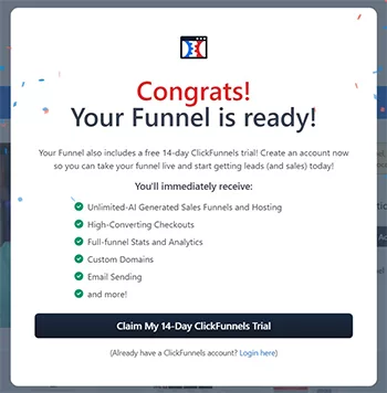 Screenshot of a ClickFunnels trial confirmation page congratulating the user on their funnel and detailing the trial's benefits, such as AI-generated sales funnels, custom domains, and analytics.