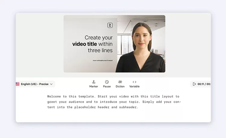 Screenshot of a video template featuring a woman in a professional setting. The text reads "Create your video title within three lines" and an instructional paragraph is displayed below the video.