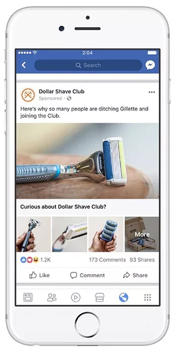 Smartphone screen displaying a Facebook ad from Dollar Shave Club, featuring a razor and related images. Text states a comparison with Gillette and invites people to learn more about joining the club.