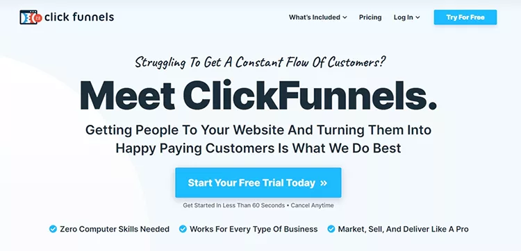 ClickFunnels webpage showing a promotional message for getting website visitors and turning them into customers, featuring a blue button to start a free trial.