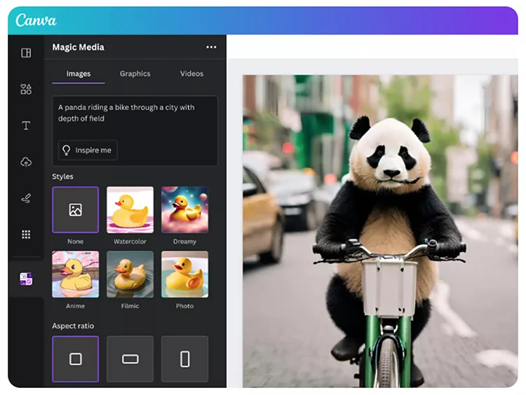 Screenshot of Canva's Magic Media tool showing editing options on the left and an image of a panda riding a bike in a city on the right. Various style options like "Watercolor" and "Dreamy" are highlighted.