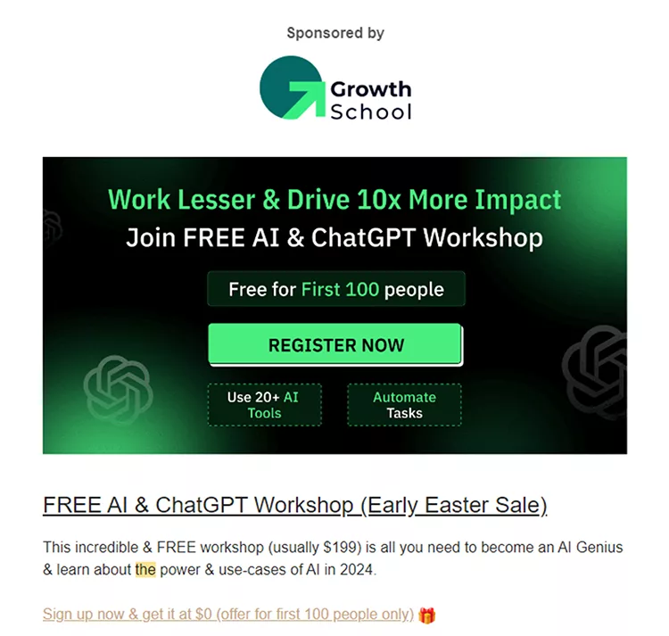 Promotional flyer for a free AI and ChatGPT workshop sponsored by Growth School, offering free registration for the first 100 people. The workshop includes AI tools and task automation.