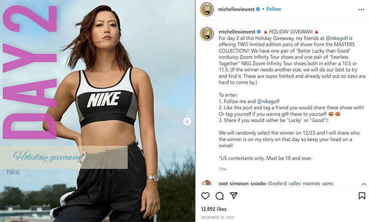 Woman in Nike outfit promoting a holiday giveaway. Text overlay reads "Day 2 Holiday giveaway". Instagram post details the giveaway of two pairs of Nike shoes and offers instructions on how to enter.