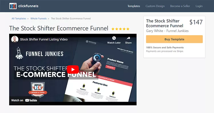 Screenshot of a ClickFunnels page showcasing "The Stock Shifter Ecommerce Funnel" template, priced at $147, with a preview video on the left and purchase details on the right.