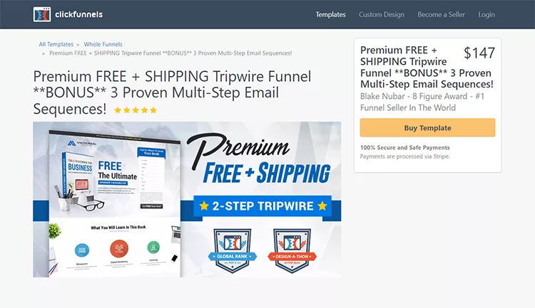 A screenshot of a sales page on ClickFunnels promoting a free product with shipping, bonus email sequences, and a 2-step tripwire funnel, priced at $147. Includes options to buy the template.