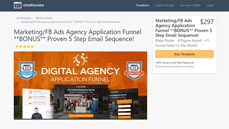 Screenshot of a webpage from ClickFunnels offering a Digital Agency Application Funnel template for $297, including a 5-step email sequence. The page features a detailed description and a "Buy Template" button.