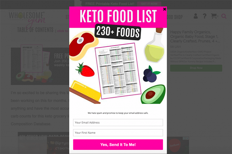 Popup window with "Keto Food List 230+ Foods" displayed in the center. Below is an email submission form with a "Yes, Send It To Me!" button. Background displays a website with food images.