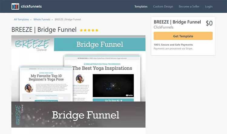 Screenshot of ClickFunnels template page for a Bridge Funnel. The template, named BREEZE, highlights yoga-related content and is available for free with a "Get Template" button on the right.