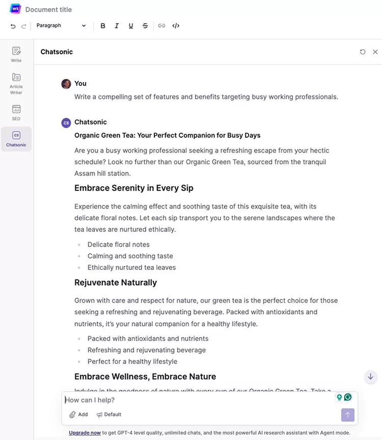 Screenshot of a document editing interface. The document titled "Chatsonic" contains marketing text promoting Chatsonic's organic green tea, highlighting its benefits for busy working professionals seeking relaxation and rejuvenation.