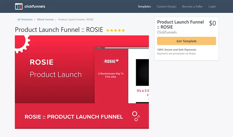 Screenshot of a ClickFunnels page featuring the product launch funnel "ROSIE." The page highlights a $0 cost template, a five-star rating, and a "Get Template" button.