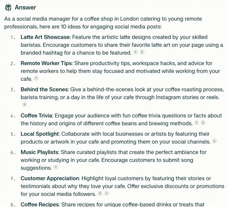 A list titled "Answer" contains 10 social media ideas for a coffee shop manager. Ideas include showcasing lattes, remote worker tips, barista scenes, coffee trivia, local spotlights, playlists, customer appreciation, and unique recipes.