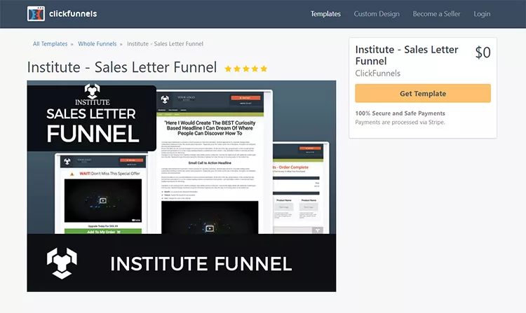 Screenshot of a ClickFunnels product page displaying the "Institute - Sales Letter Funnel" template, free of charge with an option to "Get Template". Images of the funnel design are shown below the description.