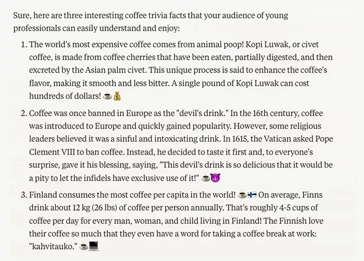 Text discussing coffee trivia, including the world's most expensive coffee, historical views on coffee in Europe, and Finland's high coffee consumption.