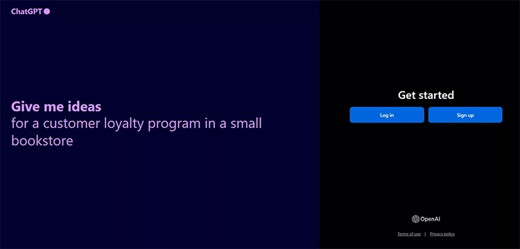 A screen with the prompt "Give me ideas for a customer loyalty program in a small bookstore" on the left, and "Get started" buttons for log in and sign up on the right.