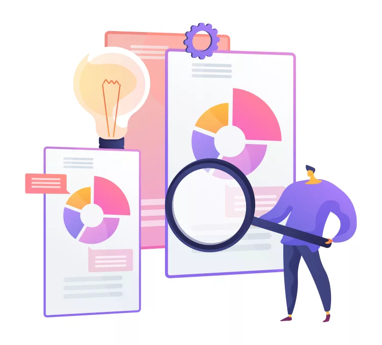 An illustration of a person holding a large magnifying glass, examining colorful pie charts and documents, with a light bulb in the background.