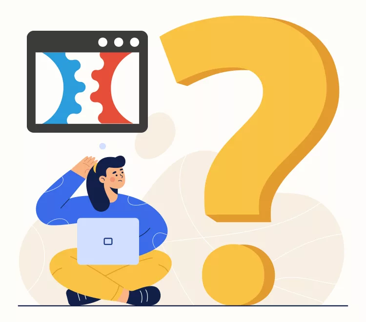 Illustration of a person sitting with a laptop, looking at a large question mark and a screen displaying blue and red gears.