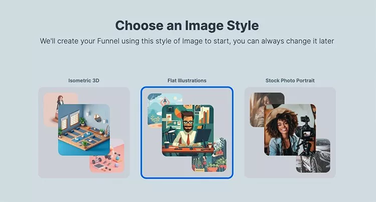 Image showing three image style options for funnel creation: Isometric 3D, Flat Illustrations (selected), and Stock Photo Portrait.