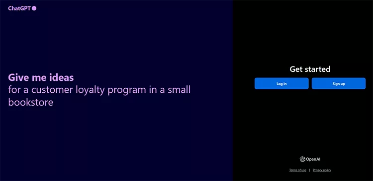 ChatGPT interface displaying a prompt asking for ideas for a customer loyalty program in a small bookstore, with "Get started" and login options on the right side.