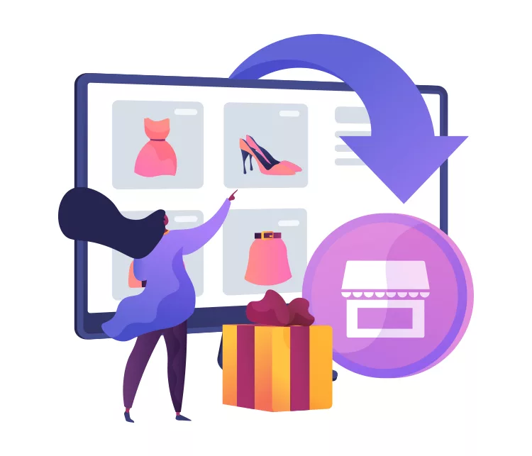 Illustration of a woman selecting fashion items on a large touchscreen. A gift box and a store icon with a downward arrow are shown, suggesting online shopping and delivery.